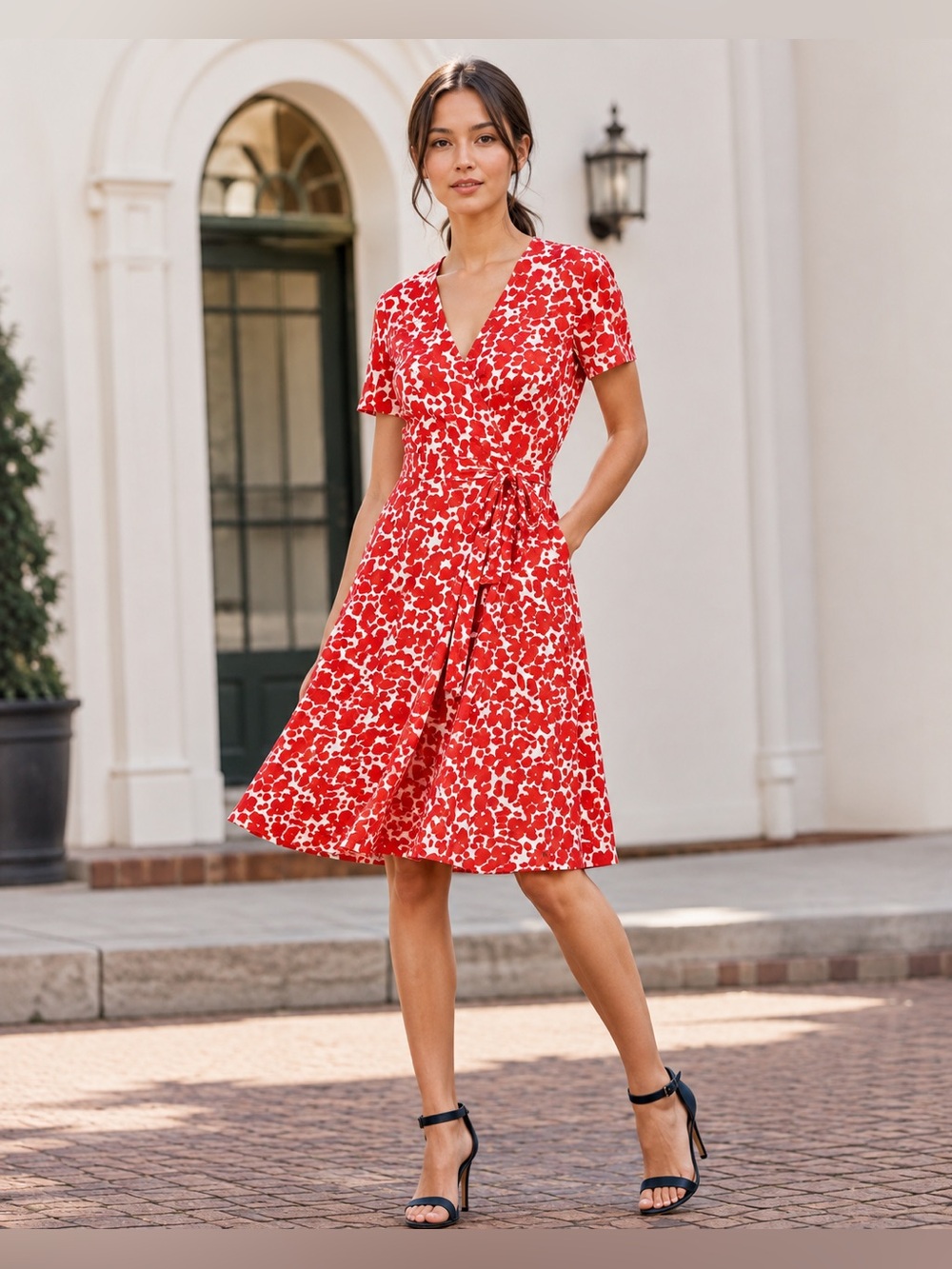 Boden Lara Wrap Dress Red White Floral Print Faux Wrap Midi Dress Short Sleeve